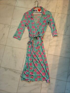 Silk Midi Dress in Pink and Mint - Unbranded